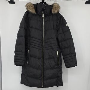 Michael Kors Black Puffer Jacket with Faux Fur Trim Parka Jacket Size XL